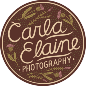 round logo for carla elaine photography with lavender and thistles