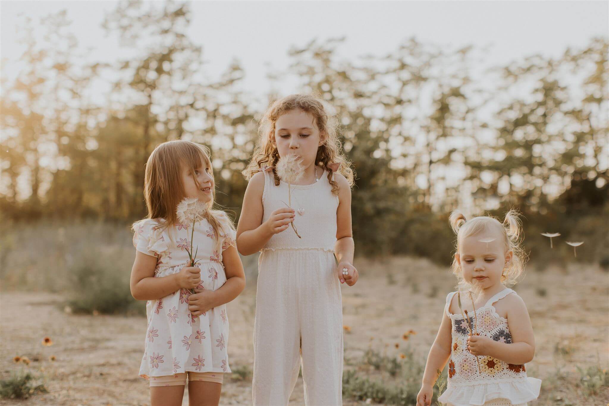 three sister stand in a sun field and blow on dandelions